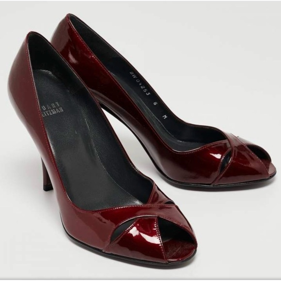 Stuart Weitzman Burgundy Patent Leather Peep Toe Heels - size 7.5 - Picture 4 of 13